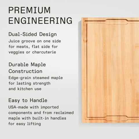 Made In two-sided design with juice groove for catching juices during slicing.