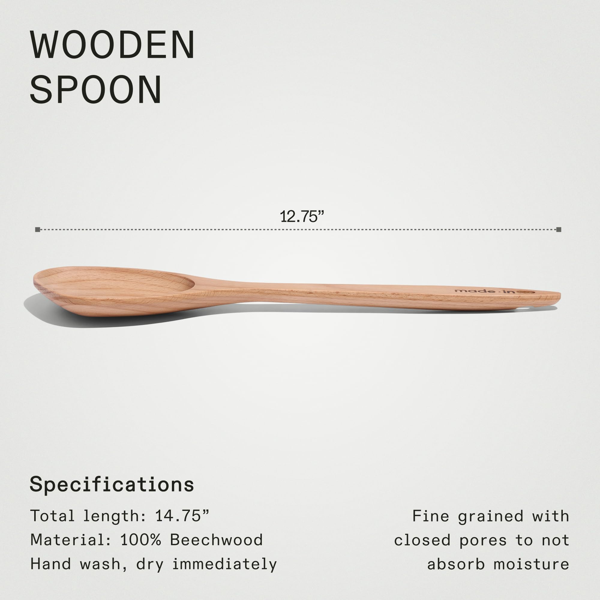 Made In wooden spoon safe for non-stick surfaces, prevents scratches.