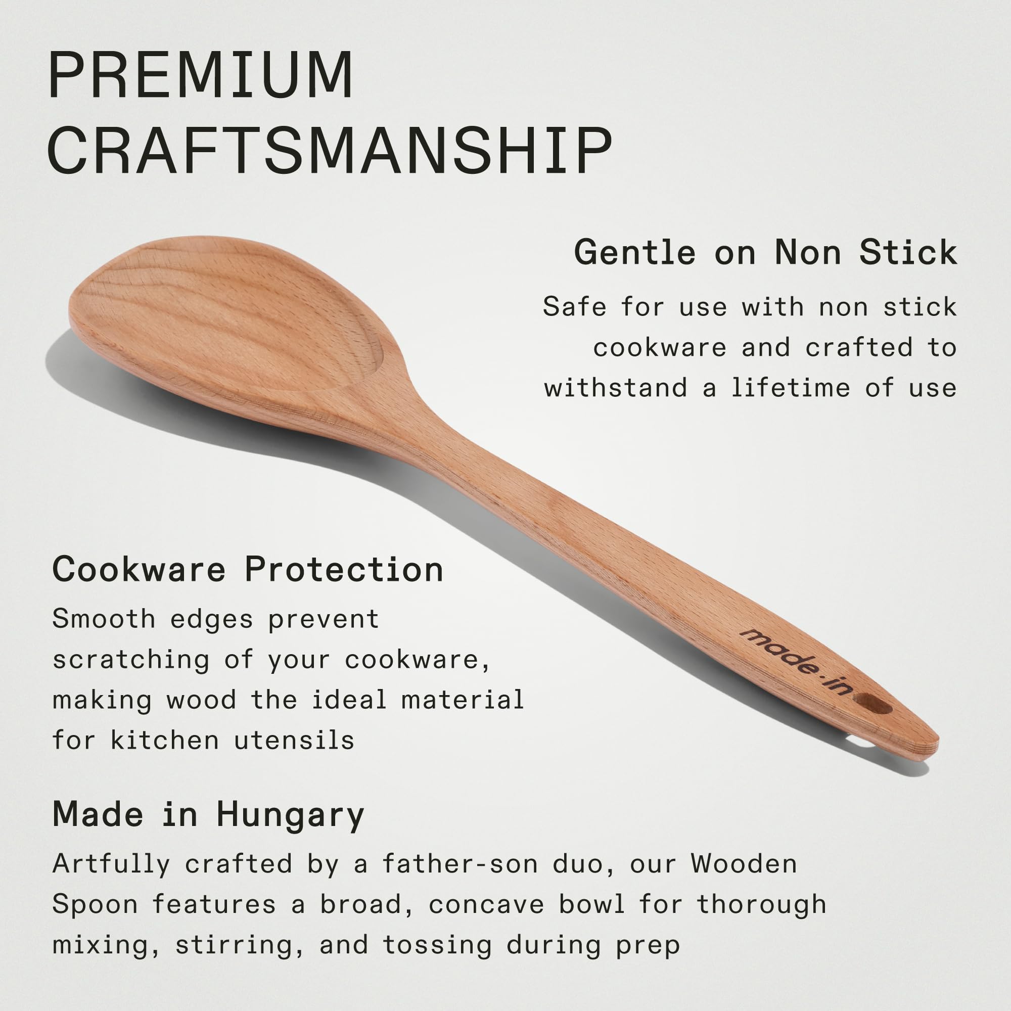 Made In wooden spoon with smooth edges protects non-stick cookware.