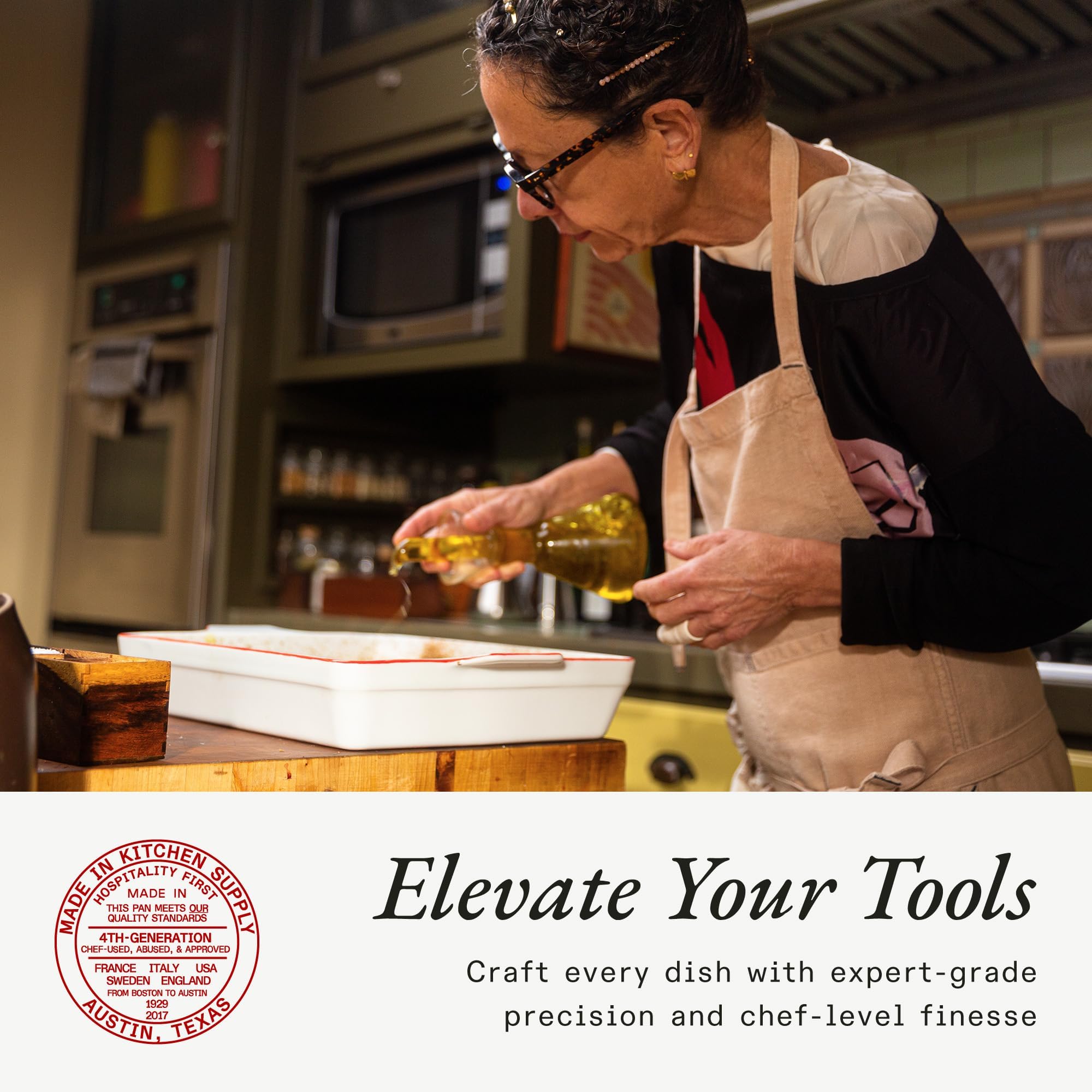 Made In heat-conductive porcelain ensures crisp bottoms for roasts and casseroles.