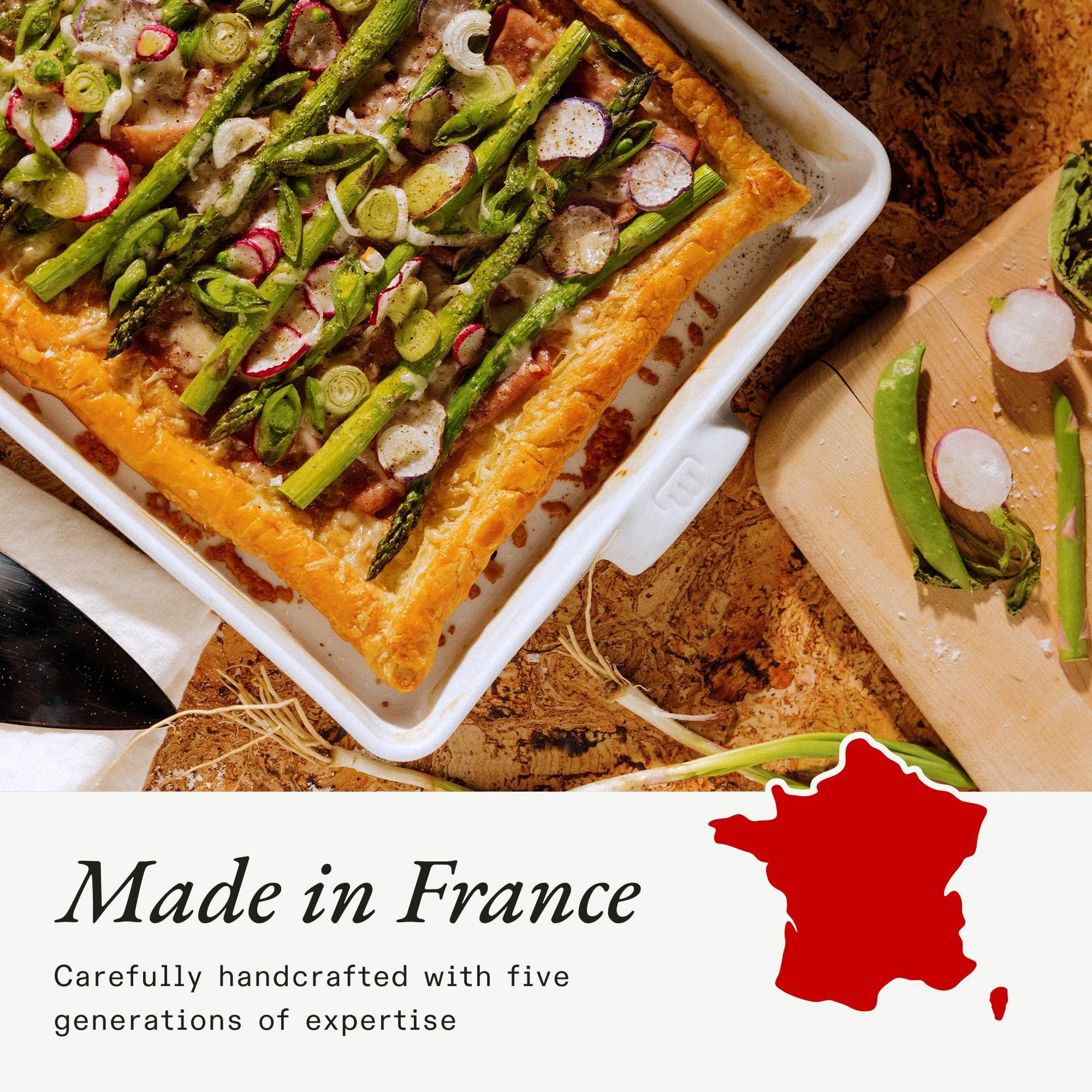Made In oven-safe rectangular dish transitions from freezer to oven to table.