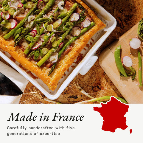 Made In oven-safe rectangular dish transitions from freezer to oven to table.
