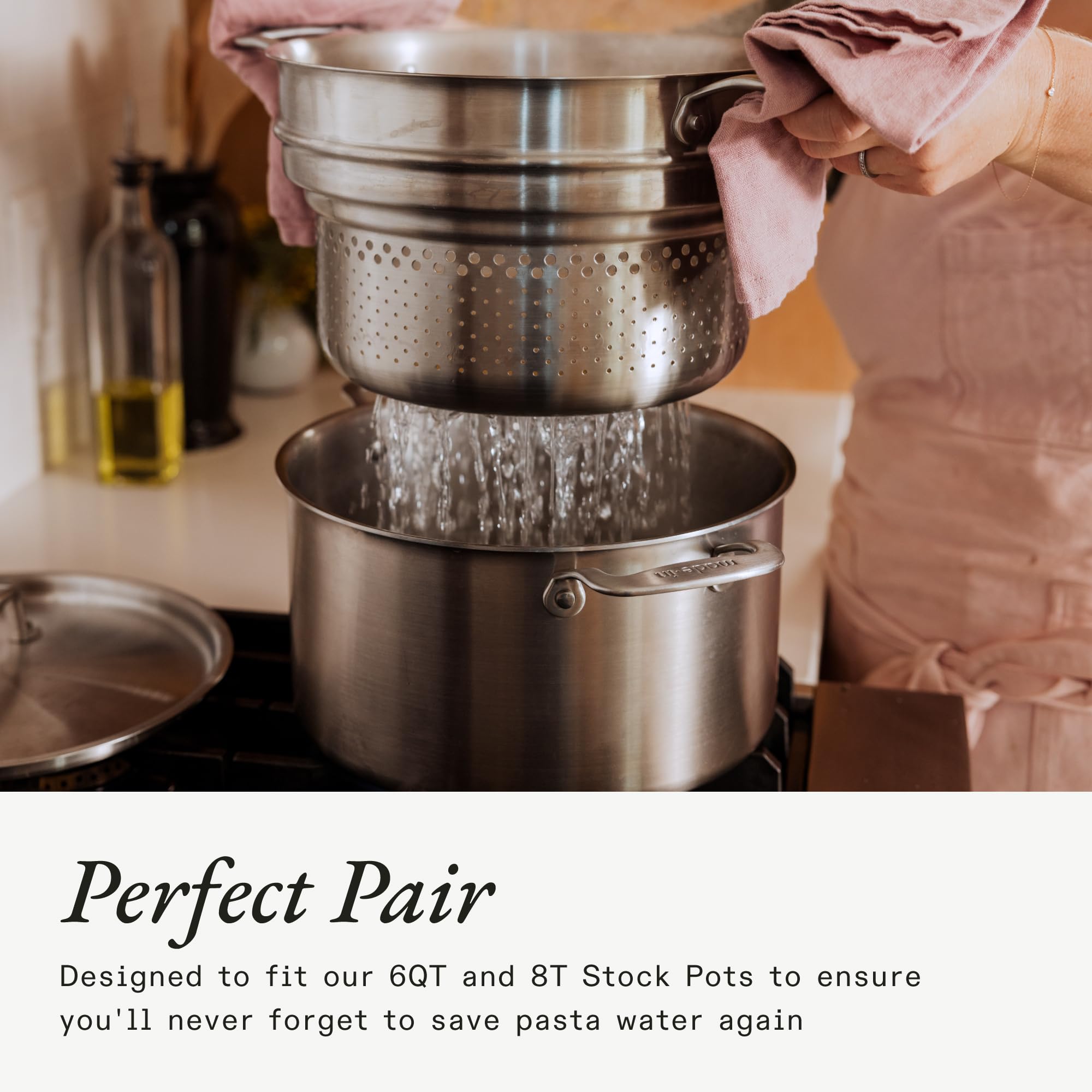 Made In pasta insert demonstrates compatibility with 6- and 8-quart stock pots