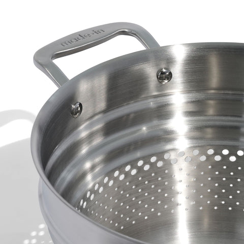Close-up of Made In pasta insert highlights 5-layer construction for durable cooking