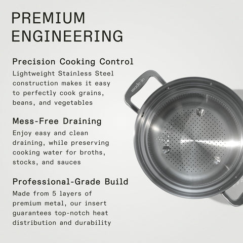 Made In pasta insert drains mess-free, preserving water for stocks and sauces