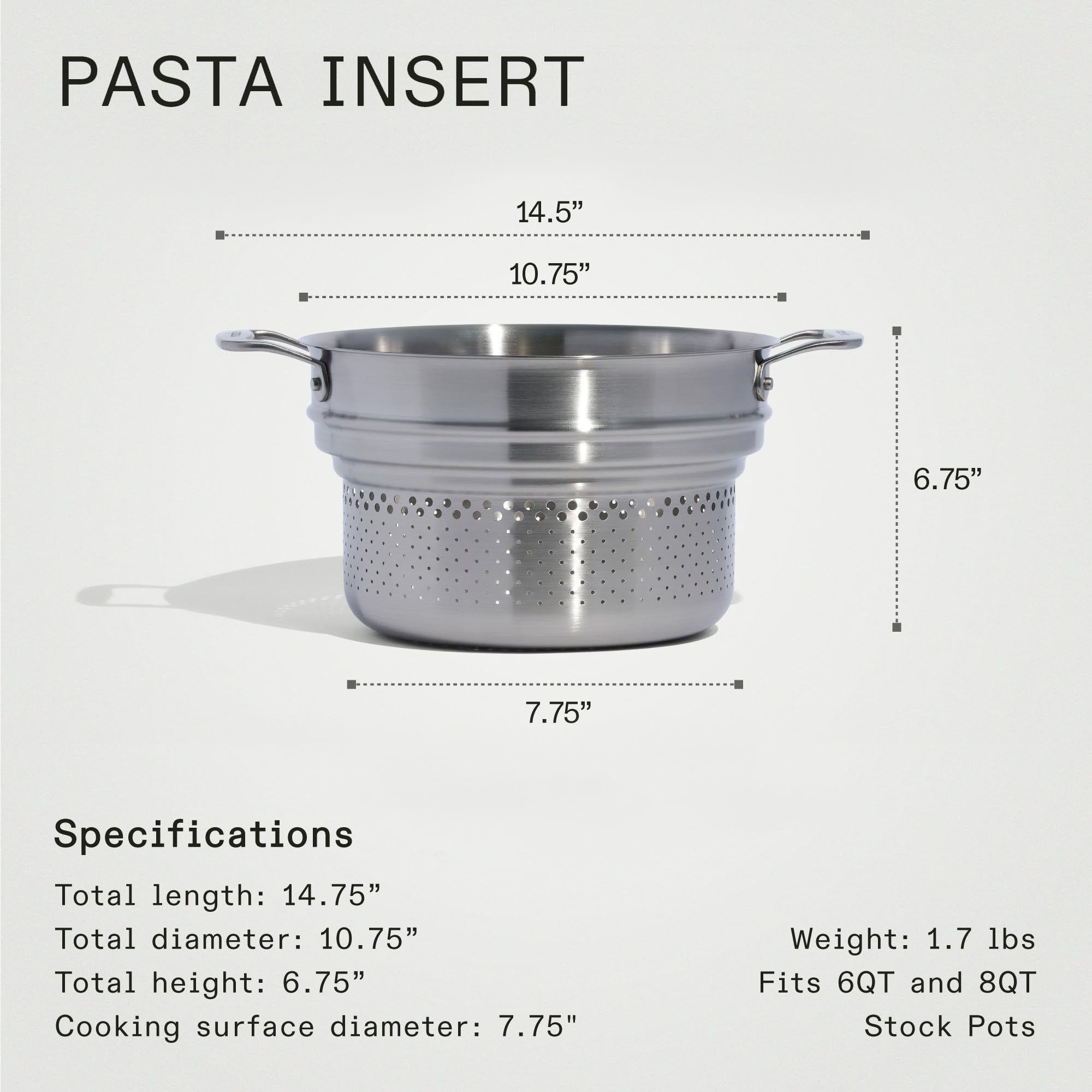 Made In pasta insert ready for broths and sauces, keeping cooking water intact