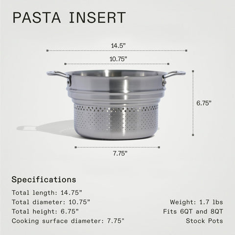 Made In pasta insert ready for broths and sauces, keeping cooking water intact