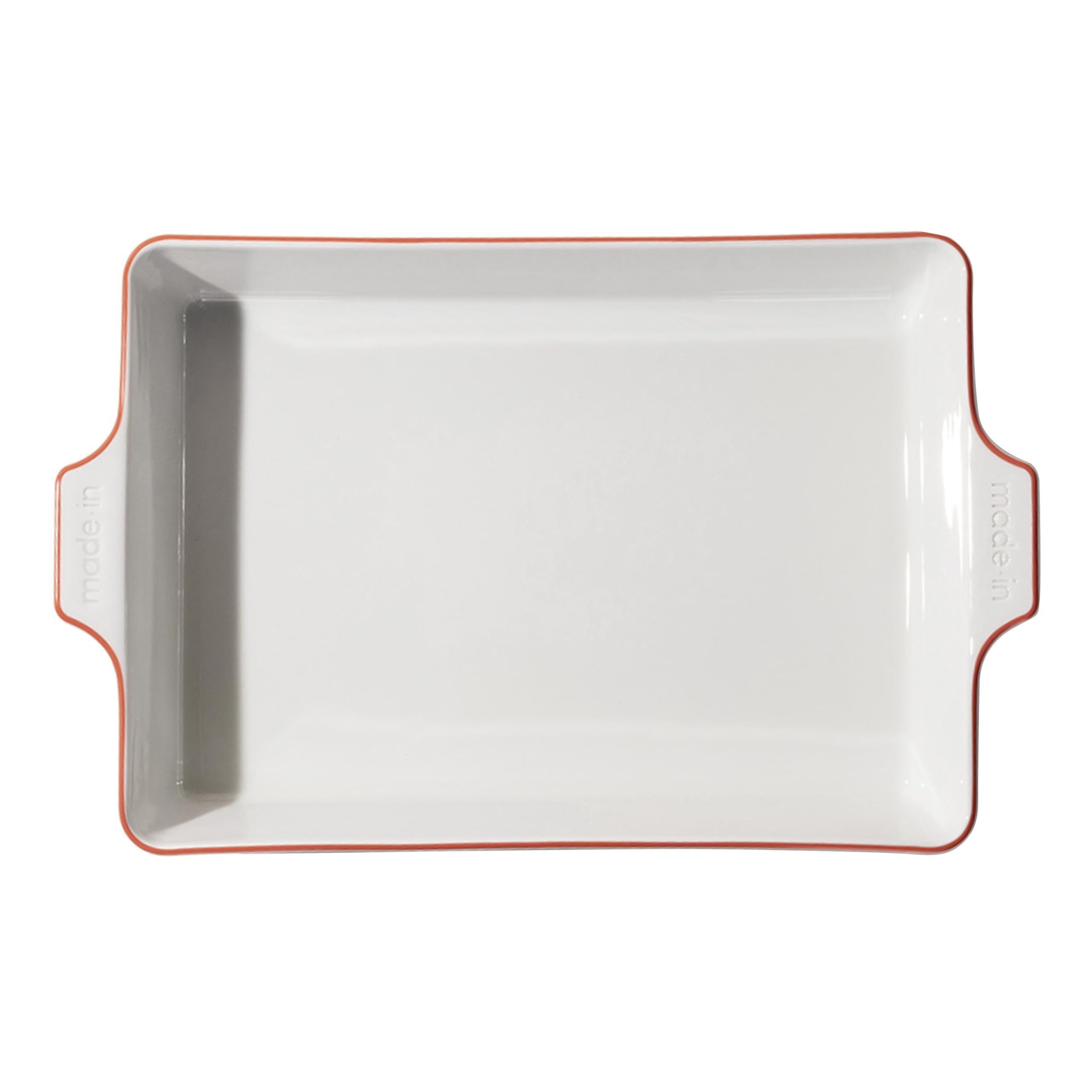 Made In rectangular baking dish with red rim offers elegant presentation and even heating.