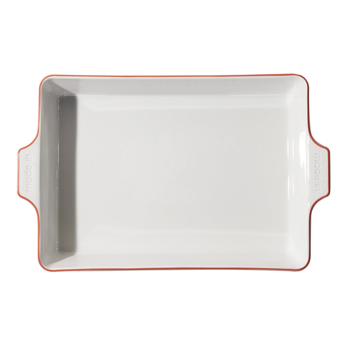 Made In rectangular baking dish with red rim offers elegant presentation and even heating.