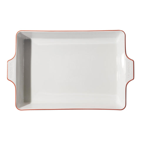 Made In rectangular baking dish with red rim offers elegant presentation and even heating.