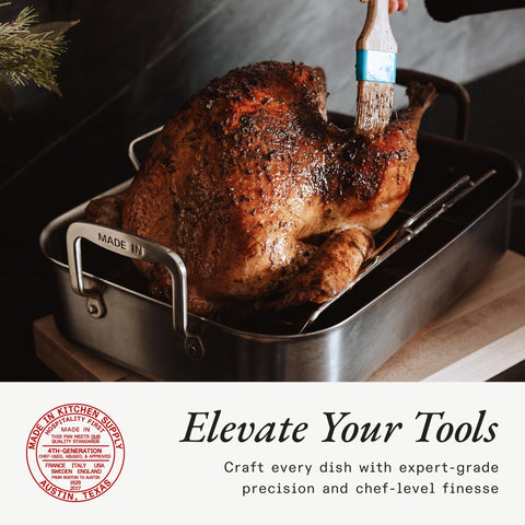 Made In foil-seal compatible handles shown for secure roasting setups.