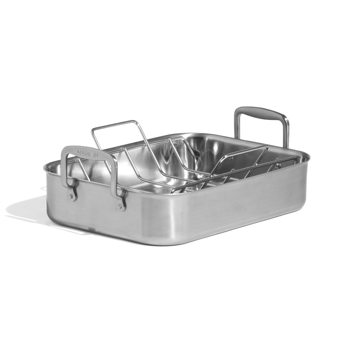 Made In stainless clad roasting pan front view highlighting even browning potential.