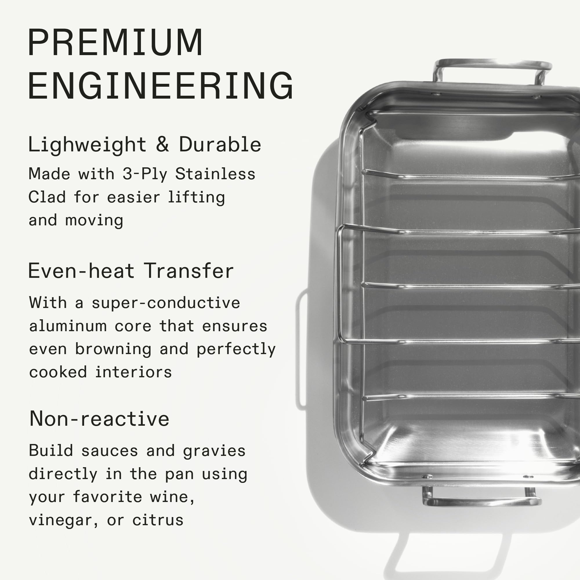 Made In stainless clad pan interior with rack demonstrates elevated roasting space.