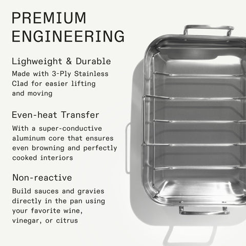 Made In stainless clad pan interior with rack demonstrates elevated roasting space.
