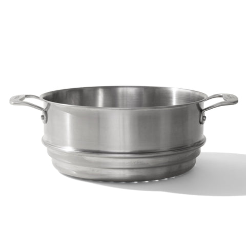 Made In steamer insert resting on the stock pot for even steaming.