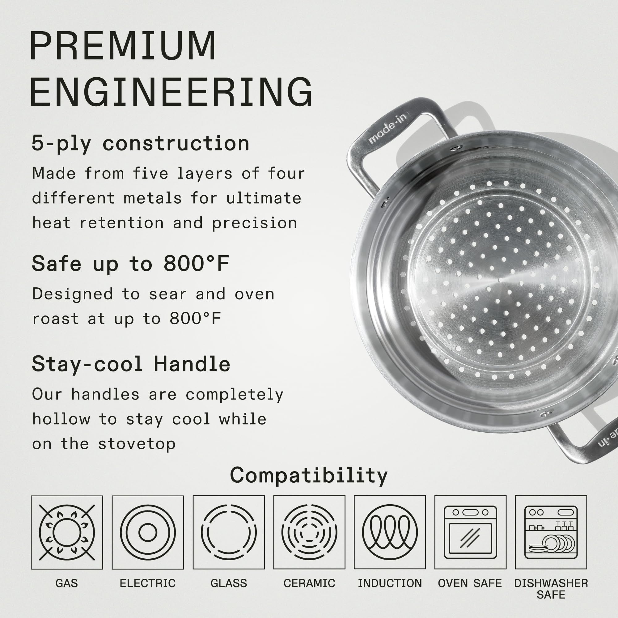Made In steamer insert beside the 8 Qt Stock Pot ensures efficient steaming.