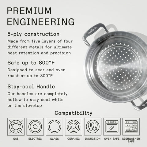Made In steamer insert beside the 8 Qt Stock Pot ensures efficient steaming.