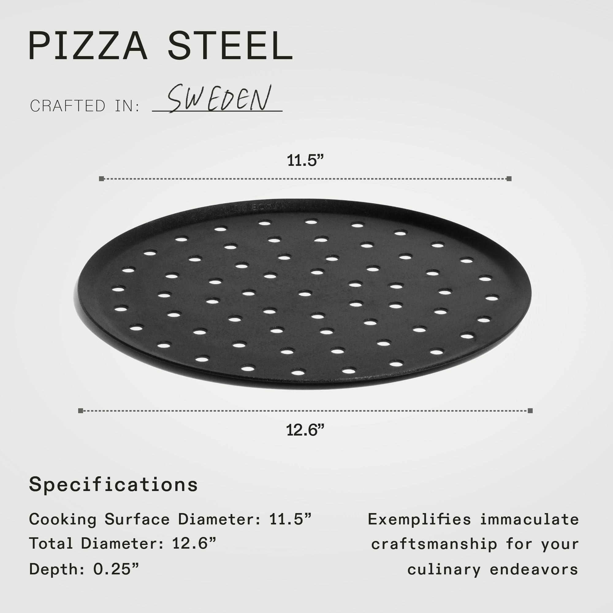 Made In pizza steel is crafted in Sweden, combining durability with lighter weight.