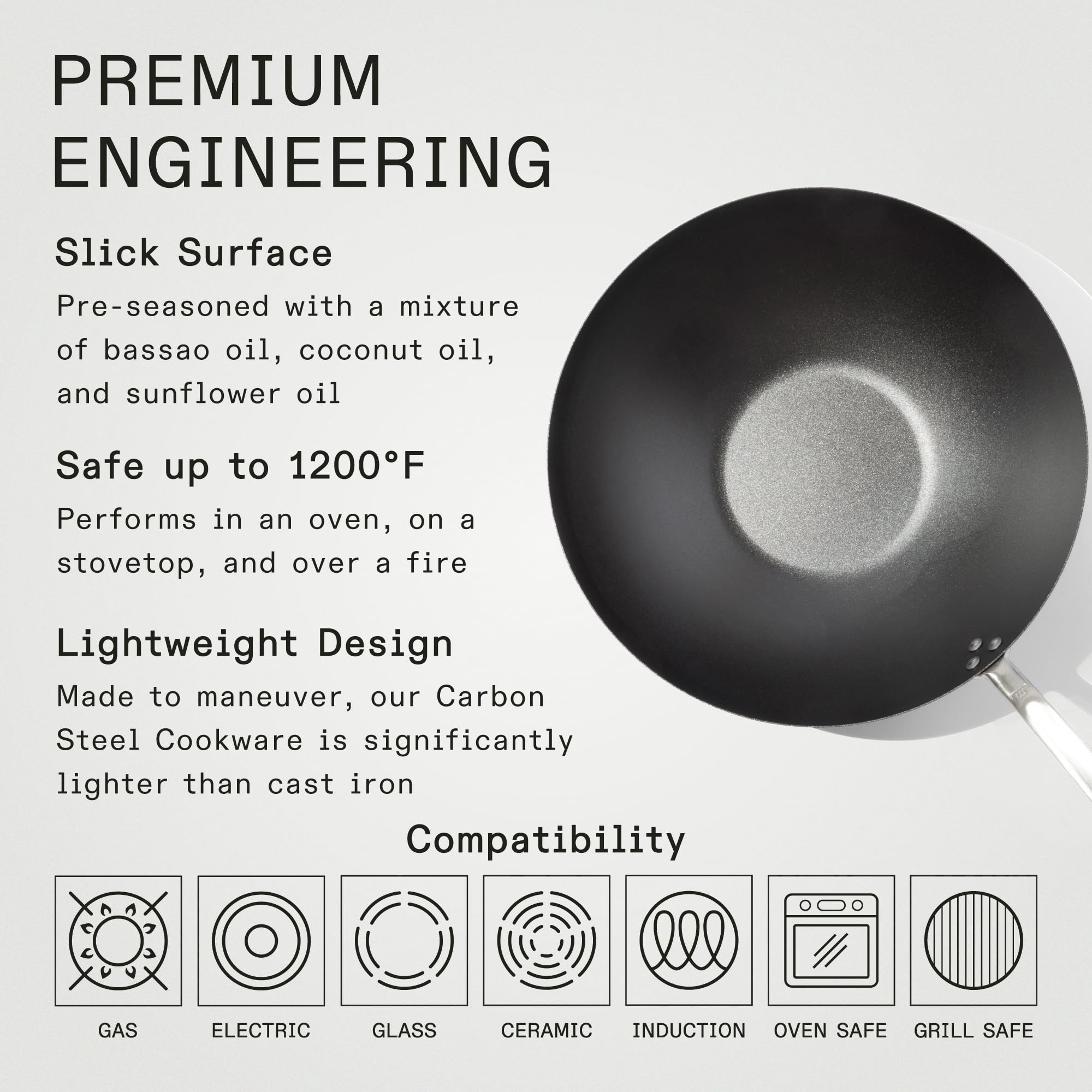 Made In wok induction-compatible design for versatile cooking.