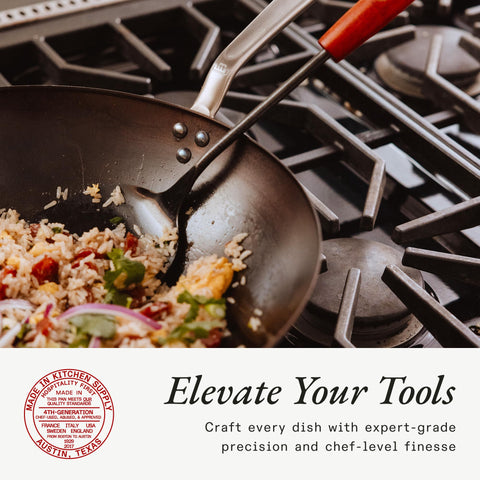 Made In wok wooden handle provides secure grip during stir-fries.
