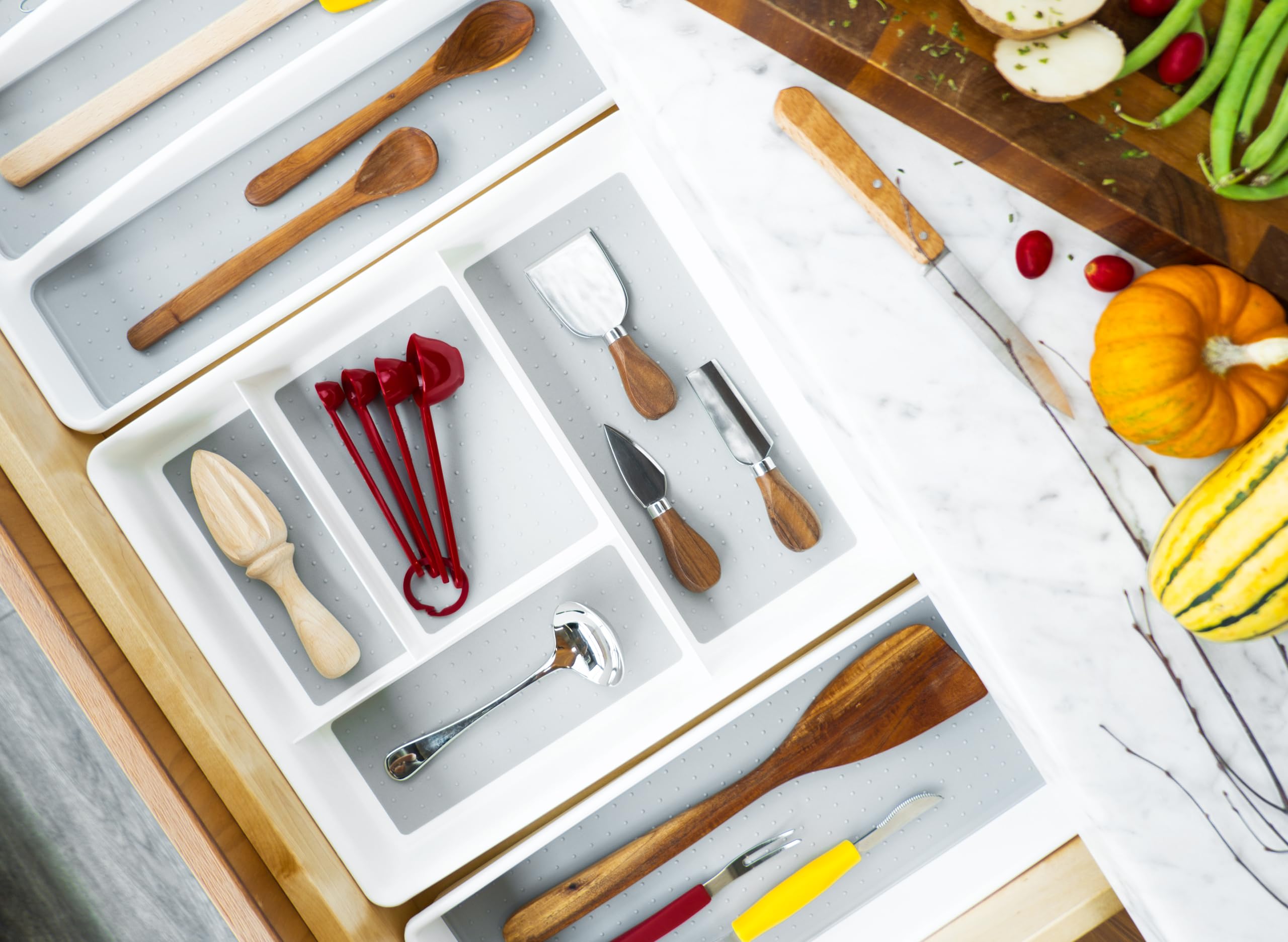 Madesmart Classic 4-Compartment Drawer Organizer in white, durable BPA-free plastic for long-lasting organization.