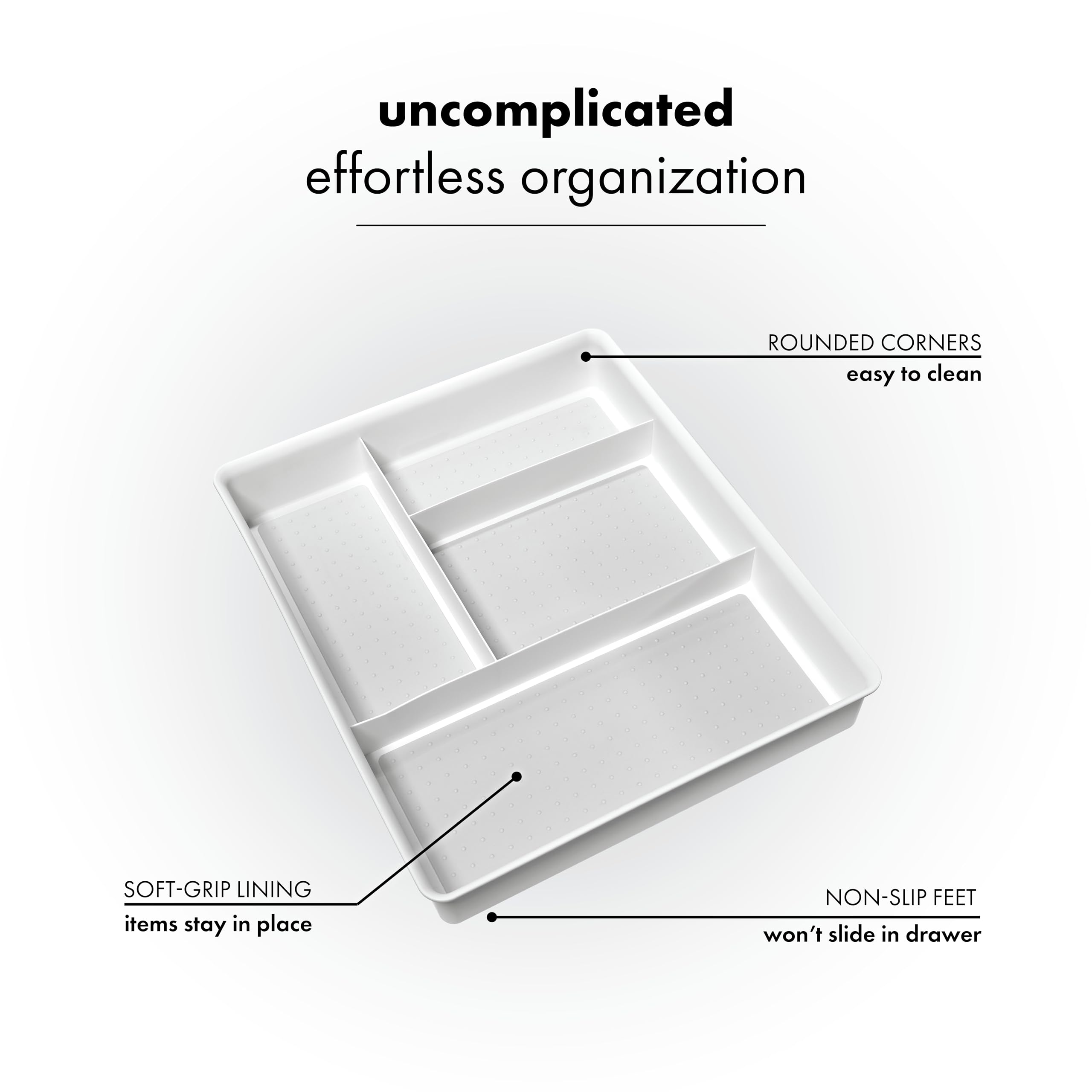 Madesmart Classic 4-Compartment Drawer Organizer in white, in-drawer setup for compact storage.