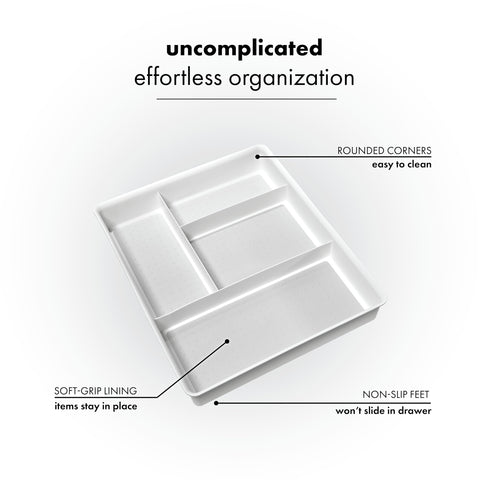 Madesmart Classic 4-Compartment Drawer Organizer in white, in-drawer setup for compact storage.