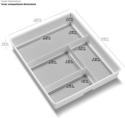 Madesmart Classic 4-Compartment Drawer Organizer in white, nonslip feet prevent shifting during use.