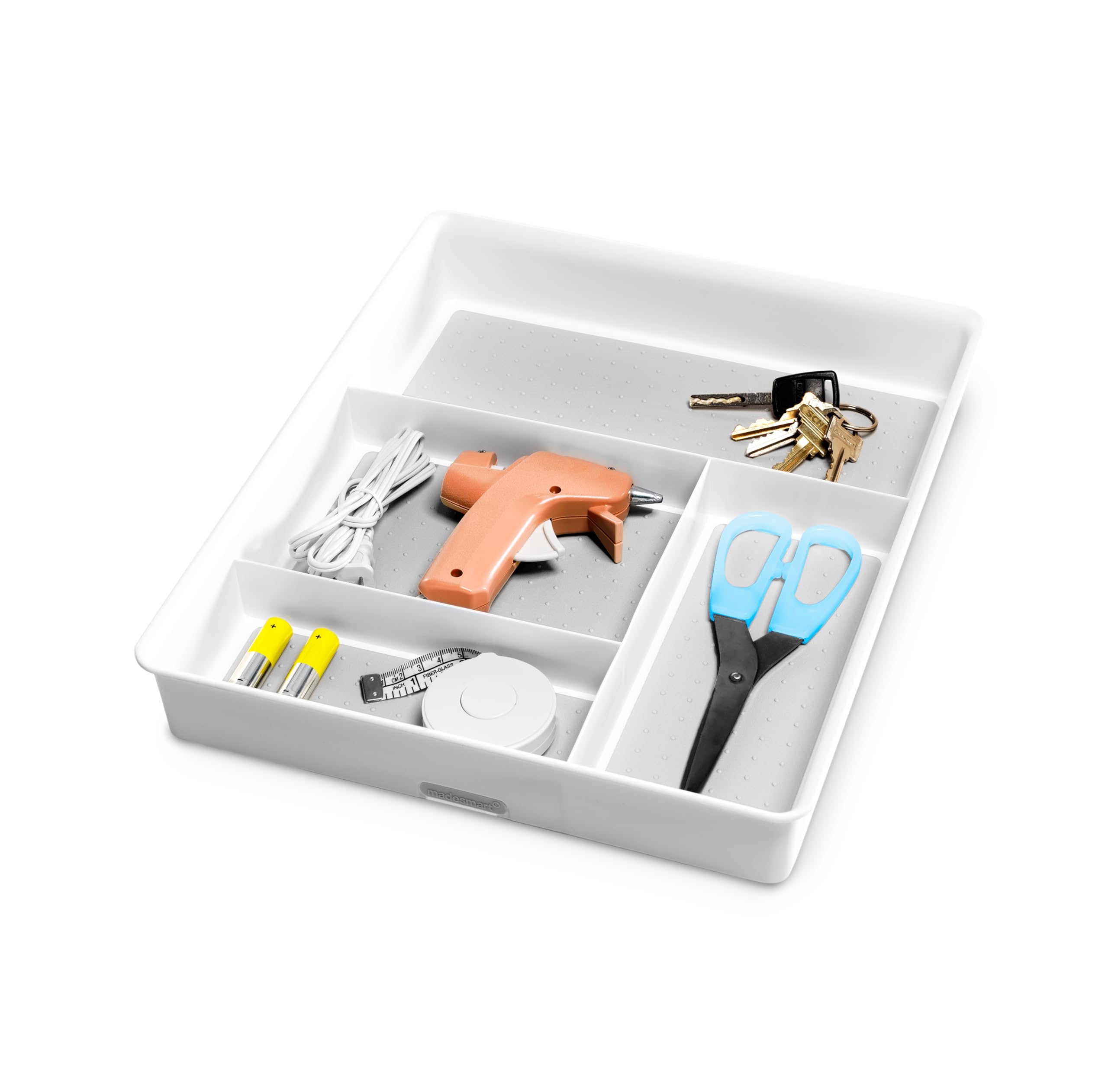 Madesmart Classic 4-Compartment Drawer Organizer in white, dotted soft-grip bottom keeps items in place.