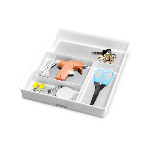 Madesmart Classic 4-Compartment Drawer Organizer in white, dotted soft-grip bottom keeps items in place.