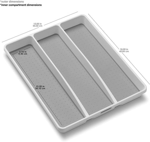 Madesmart tray in use with ladle and whisk demonstrating organized storage