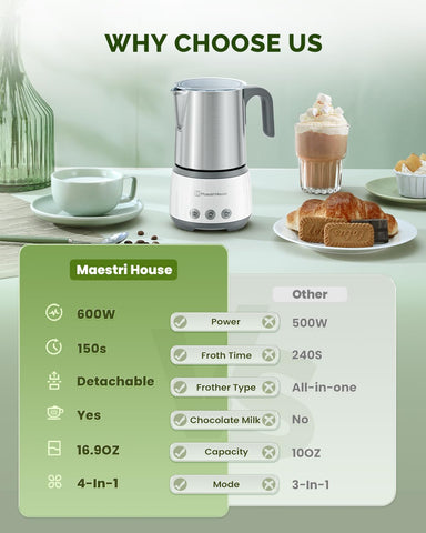 Maestri House hot froth mode creates creamy foam for lattes and cappuccinos.