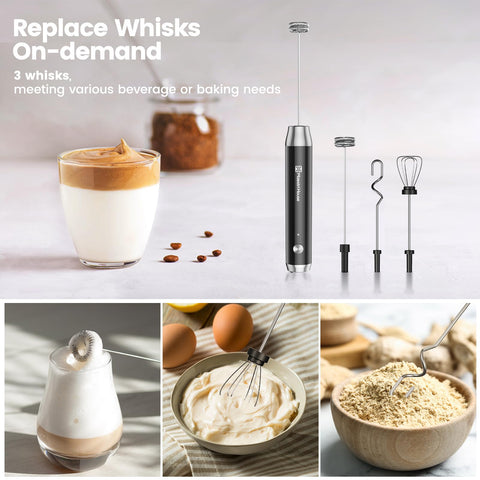 Three detachable whisk heads for LunaFro AS enable quick frothing and blending.