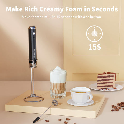 Portable LunaFro AS handheld frother for travel-friendly frothing.