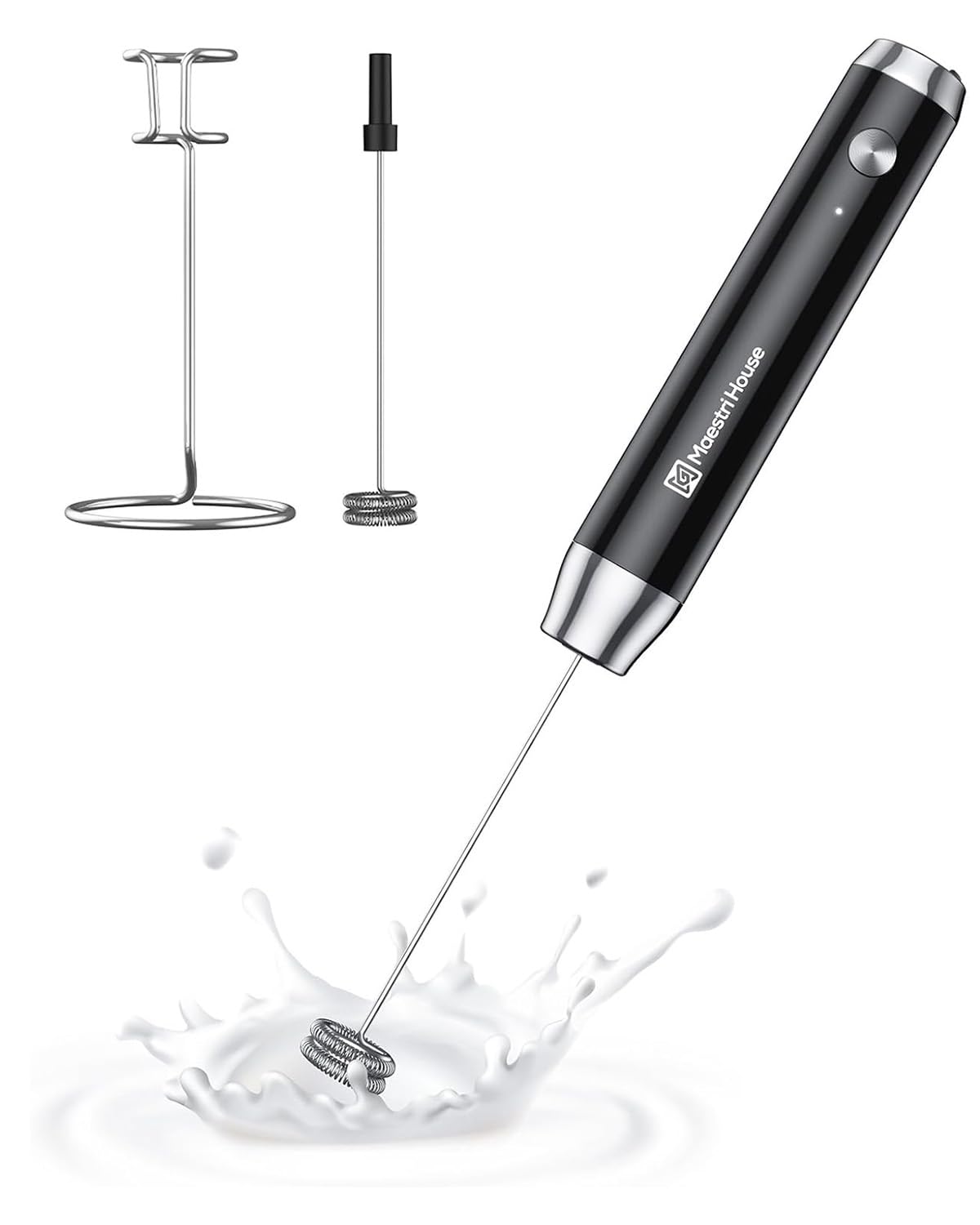 Maestri House LunaFro handheld milk frother in use for creamy latte foam