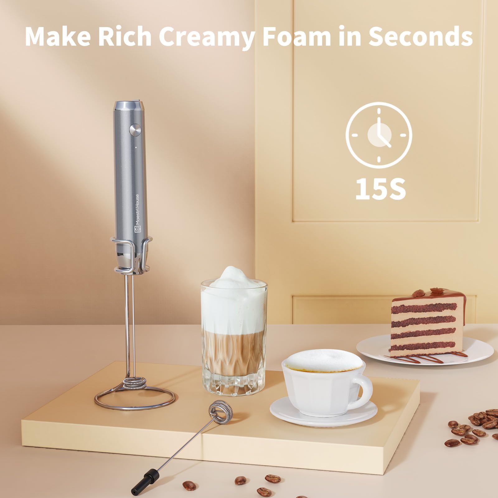 Maestri House LunaFro rechargeable frother in use for creamy milk foam