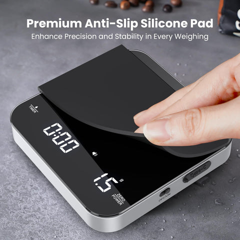 Maestri House Mini Coffee Scale long battery life with standby mode.