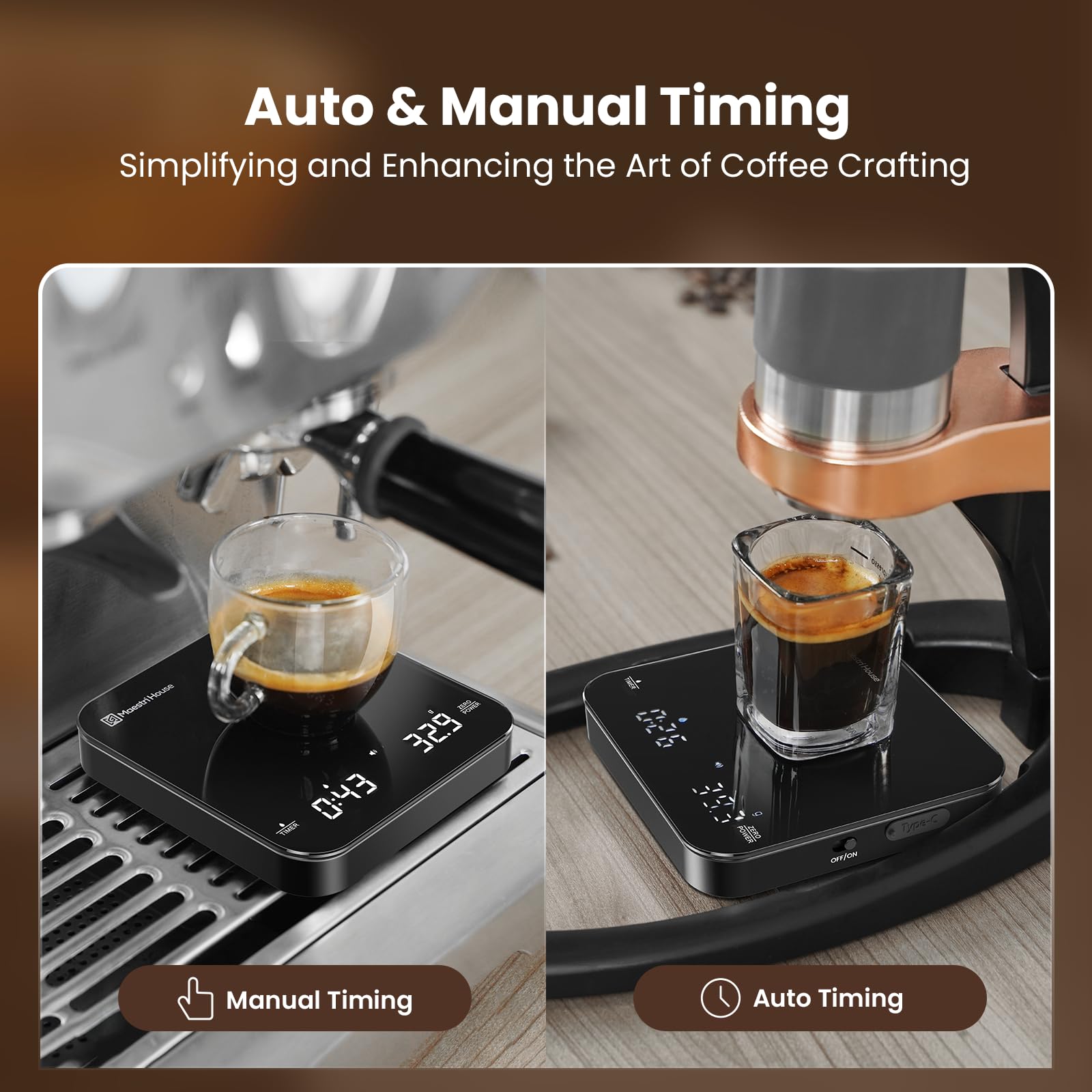 Maestri House scale highlighting 0.1g precision for consistent brews