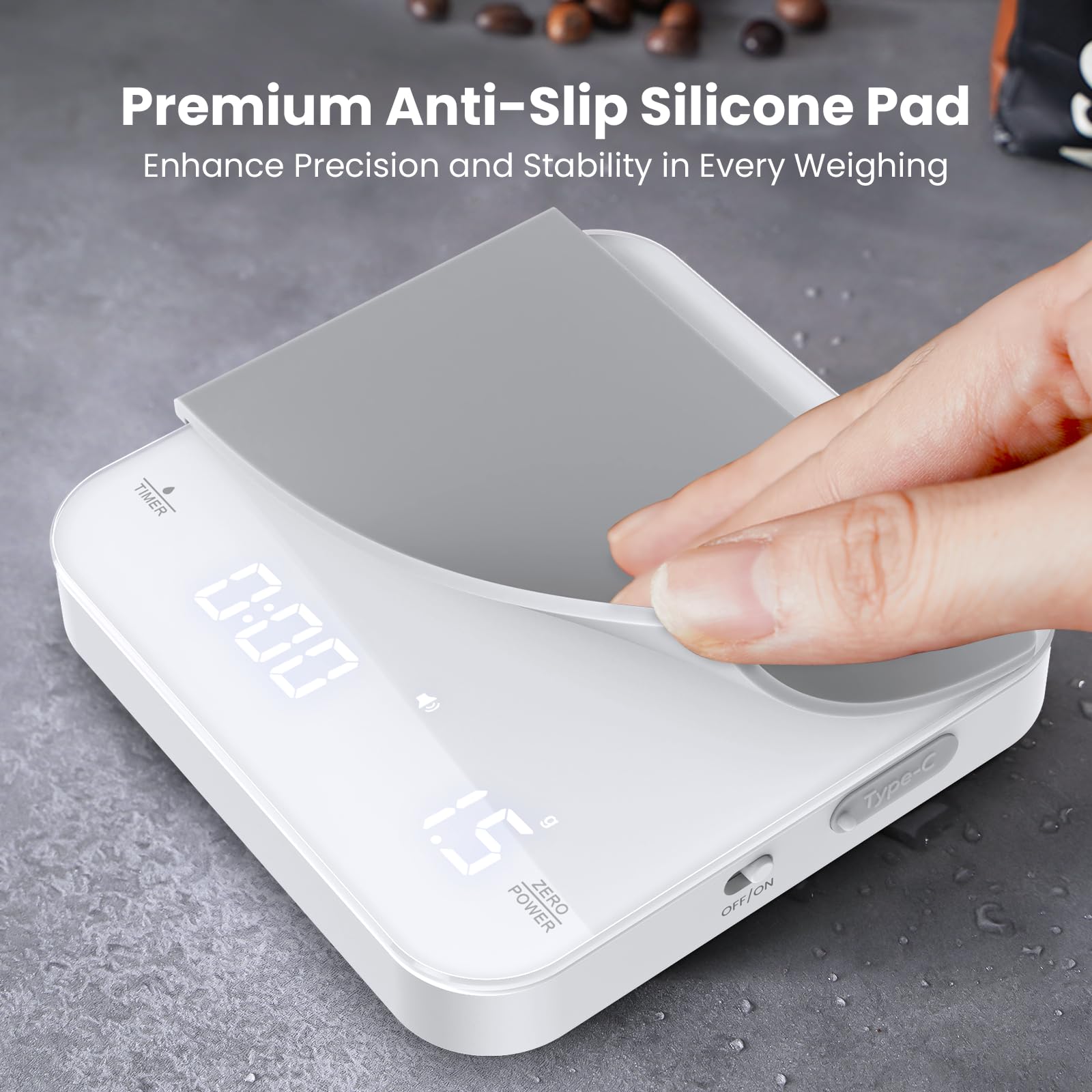 Maestri House mini coffee scale features a sleek borosilicate glass surface for easy cleaning.