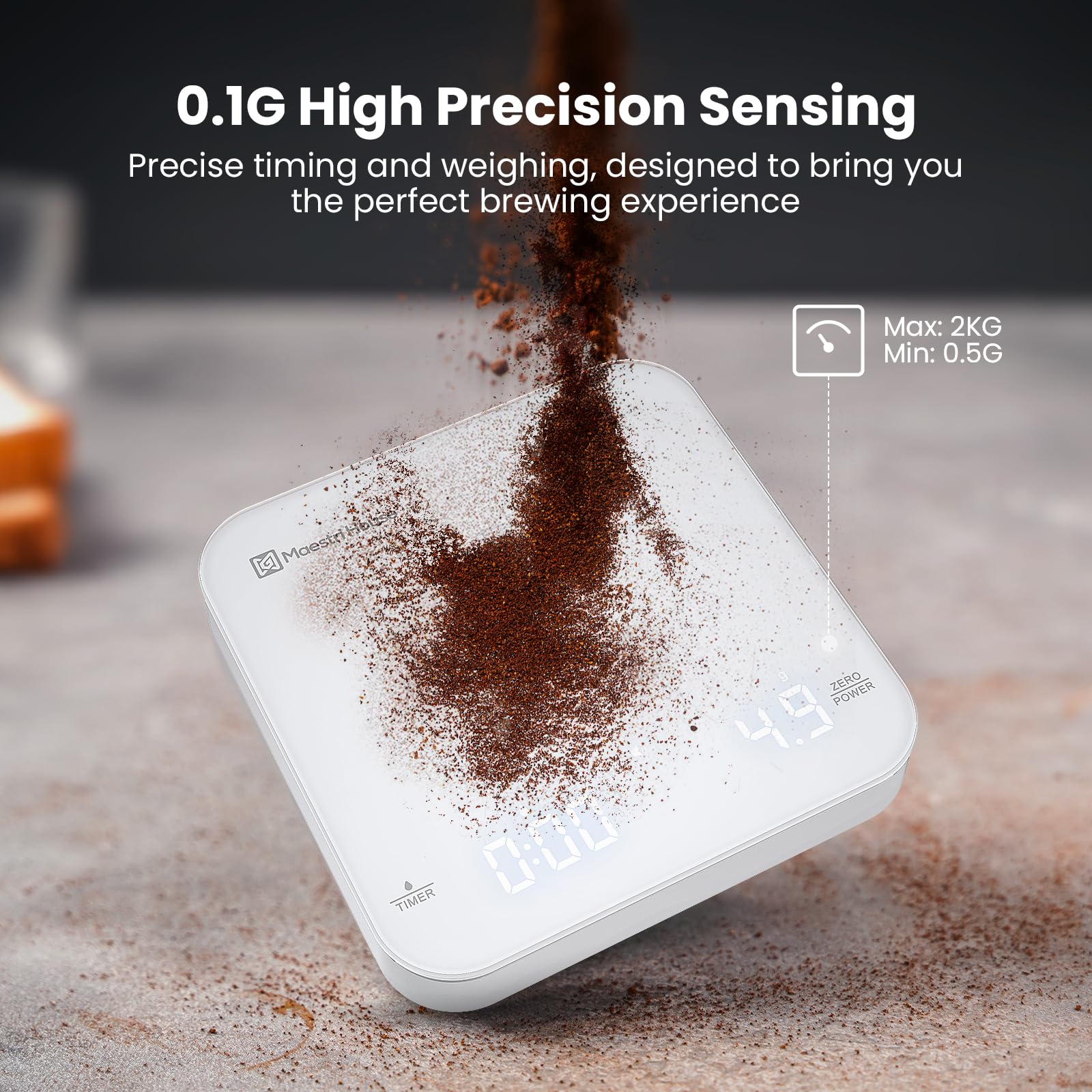 Maestri House mini coffee scale offers g, oz, ml units for flexible brewing.