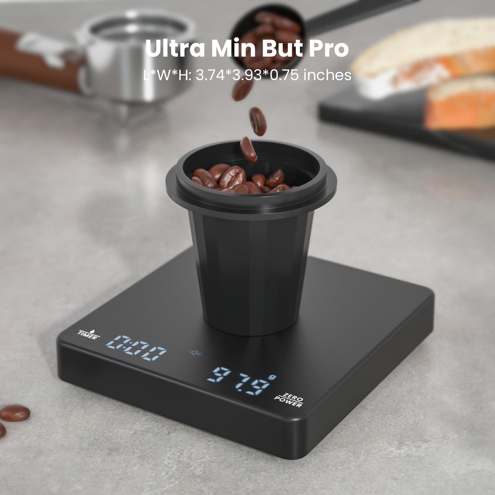 Maestri House mini coffee scale timer display helps time extraction for consistency.