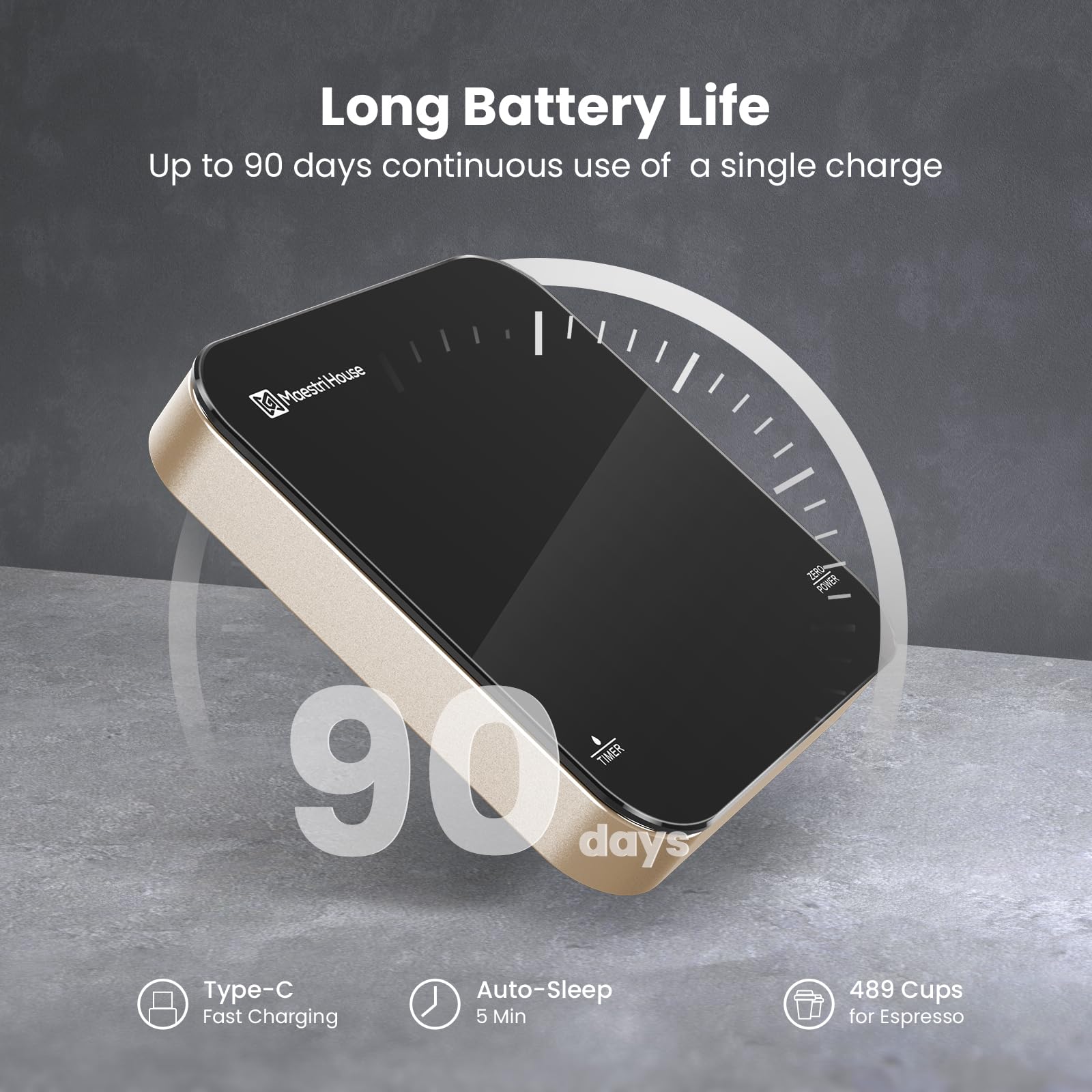 Maestri House Mini Coffee Scale shows USB-C charging and long battery life