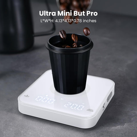 Maestri House mini coffee scale charges via USB-C for long-lasting power during use.