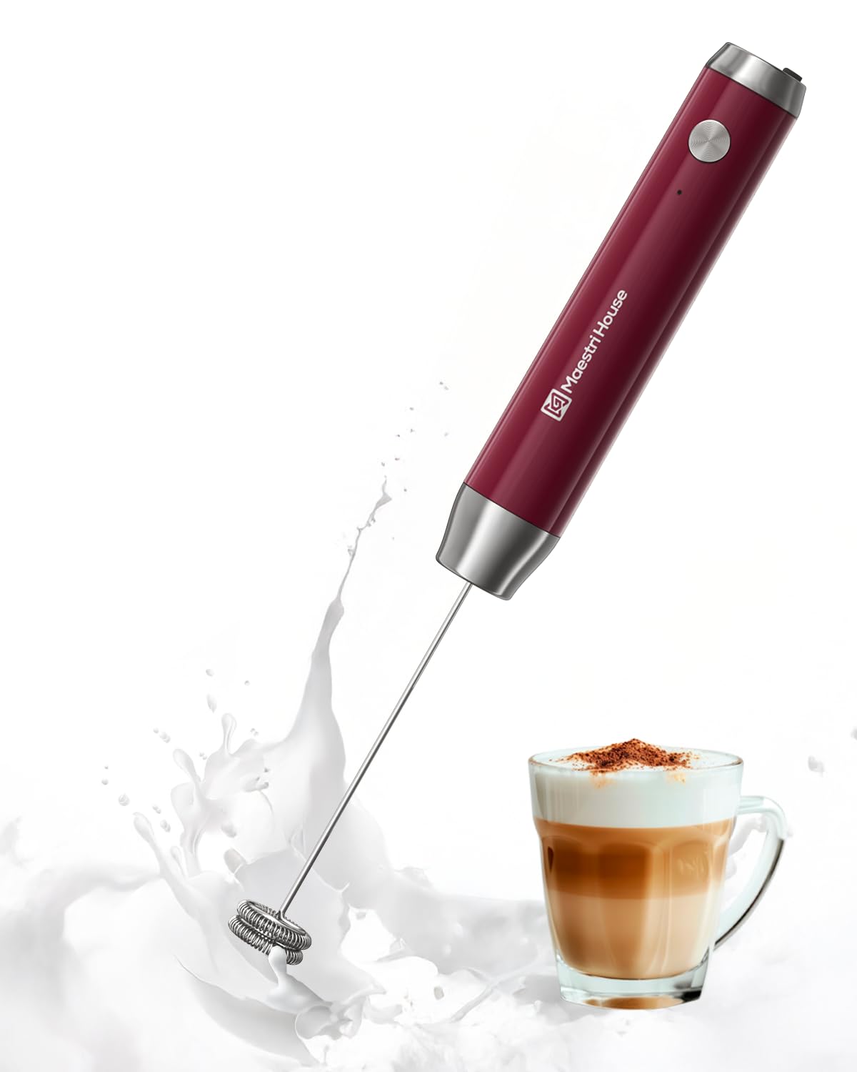 Maestri House rechargeable milk frother creating silky foam for lattes and cappuccinos.