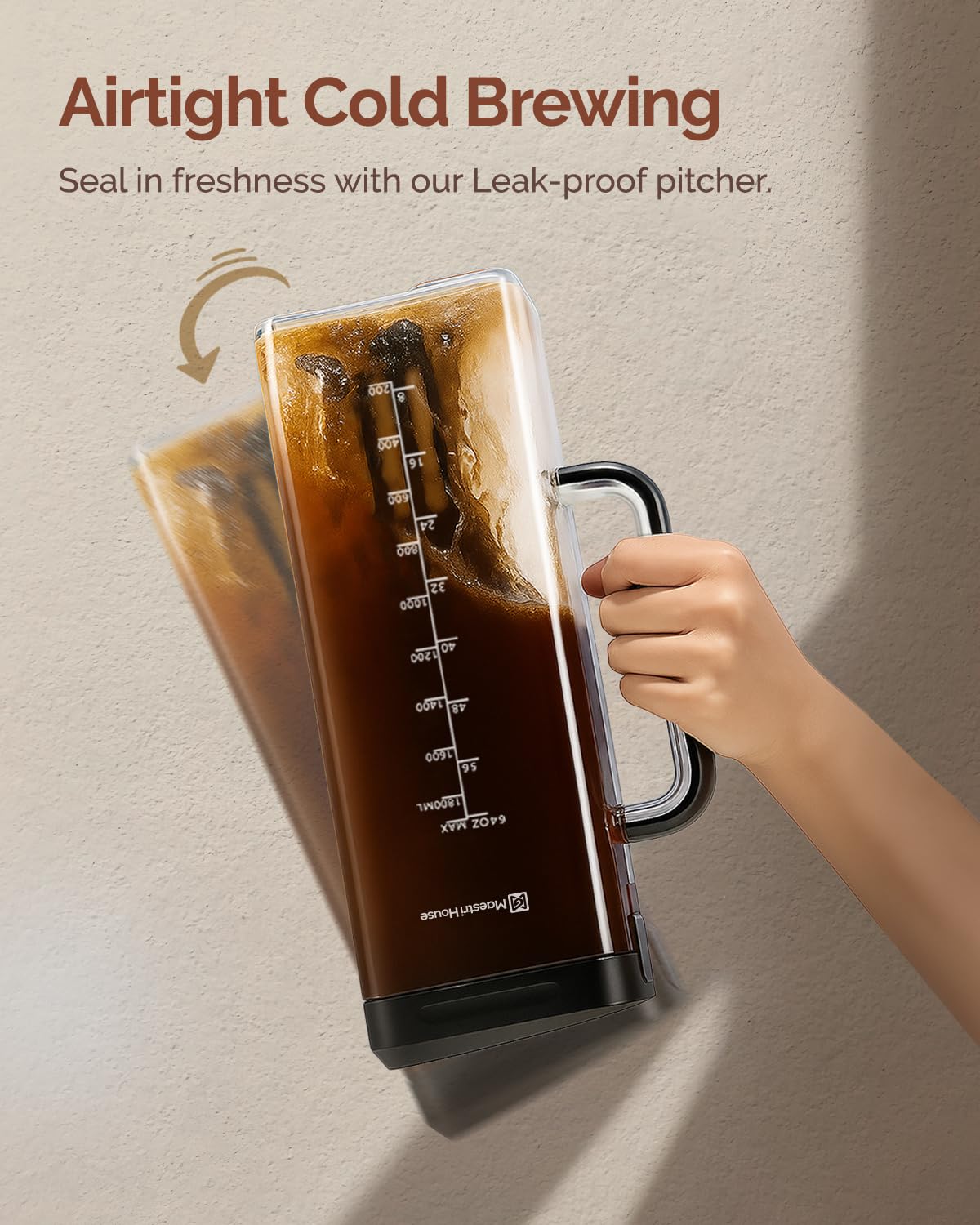 Maestri House spout filter placement minimizes spills while pouring.
