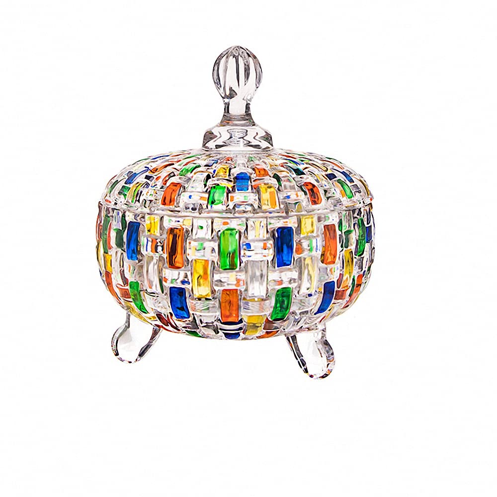 MAGCOLOR hand-painted lid shows colorful woven glass pattern for elegant storage.