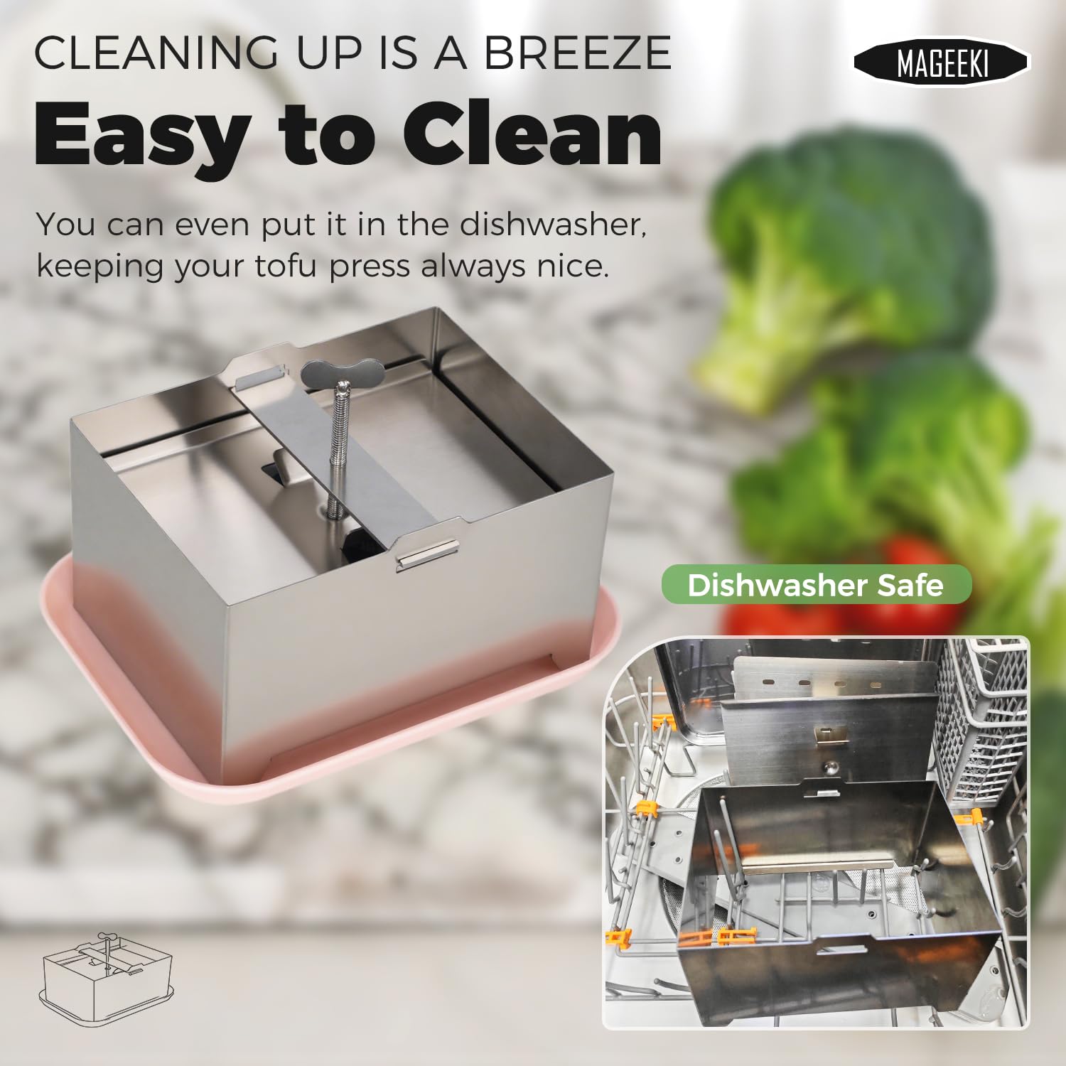 Mageeki Tofu Press external drip tray keeps the counter clean during pressing.