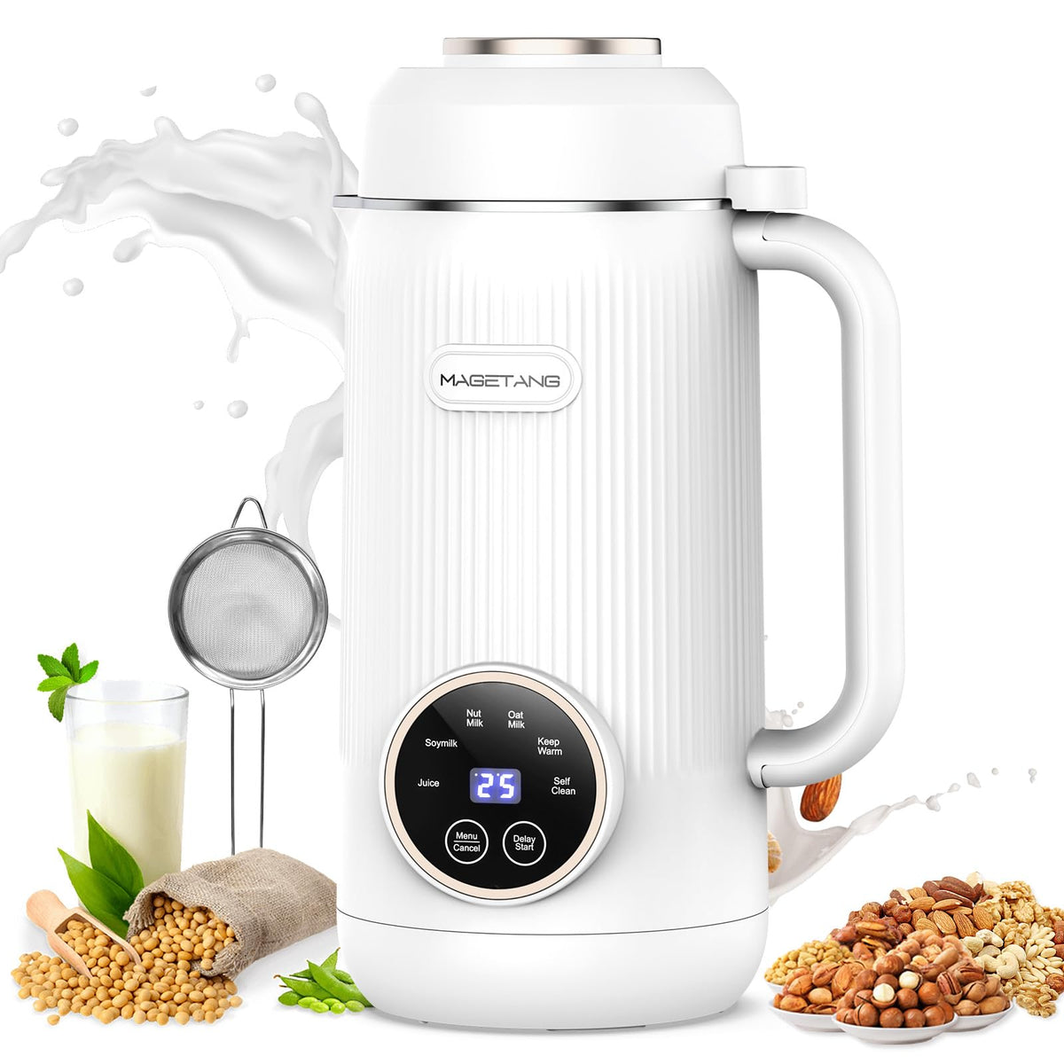MAGETANG 7 in 1 nut milk maker front view shows 28oz capacity for fresh plant-based milk