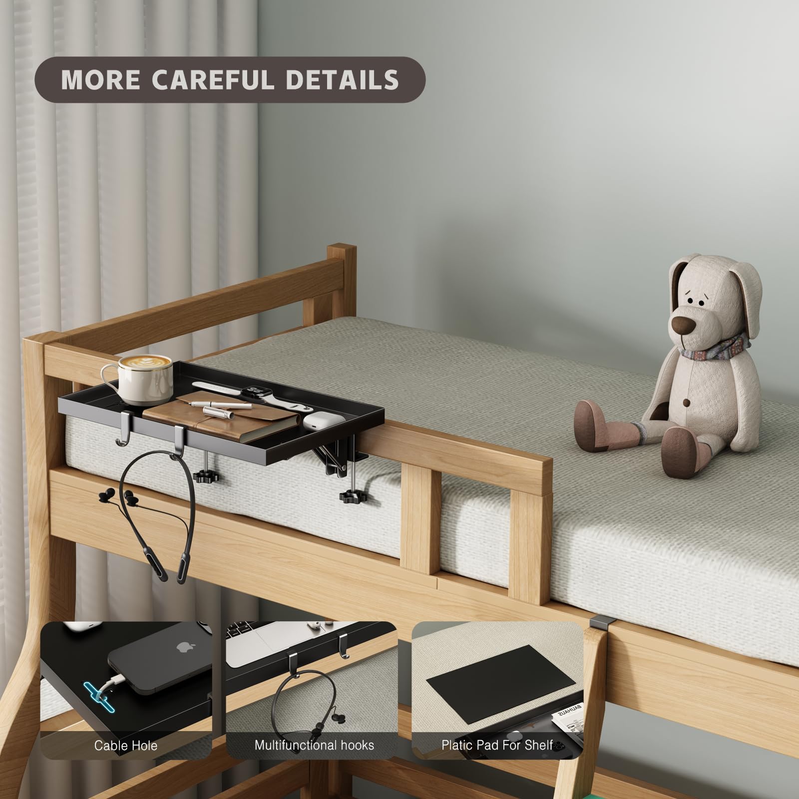 Magheo clip-on bed shelf shown attaching to bunk bed rail for quick access.