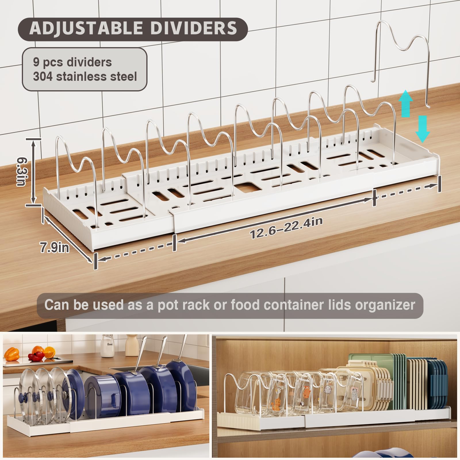 Magheo dual-purpose lid rack inside cabinet keeps lids organized and easily accessible.